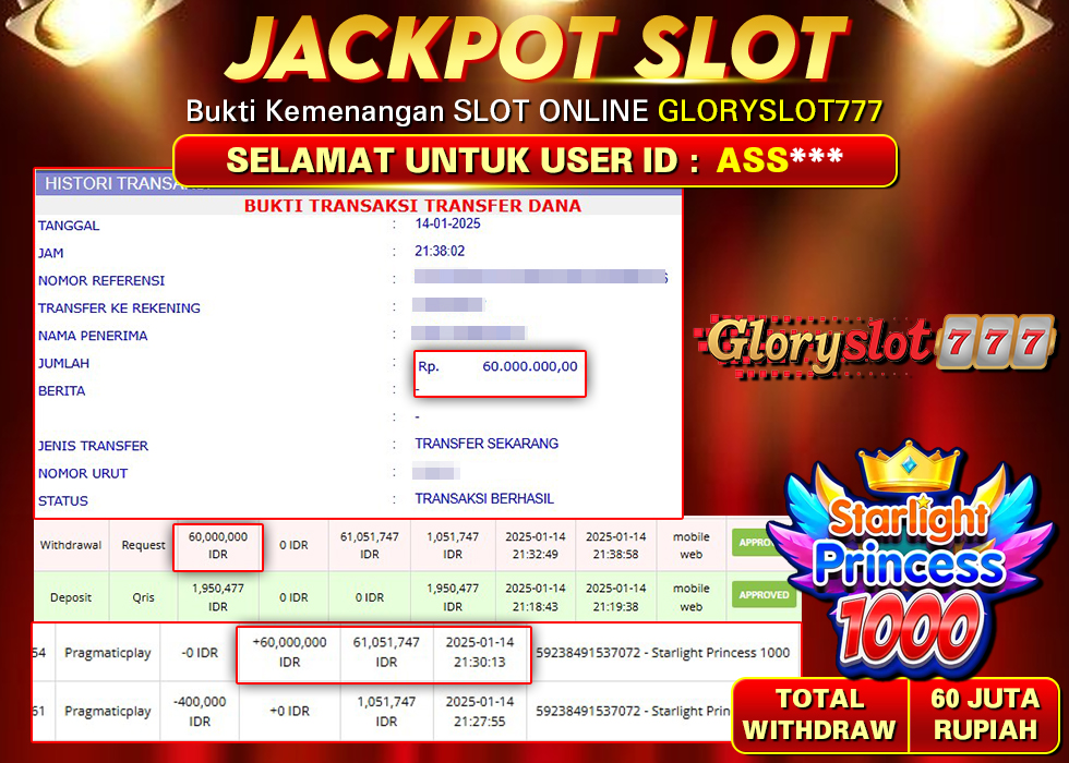 GLORYSLOT777 JACKPOT SLOT STARLIGHT PRINCESS 1000 Rp 60.000.000,- LUNAS