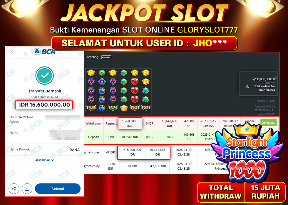 GLORYSLOT777 JACKPOT SLOT STARLIGHT PRINCESS 1000 Rp 15.600.000,- LUNAS