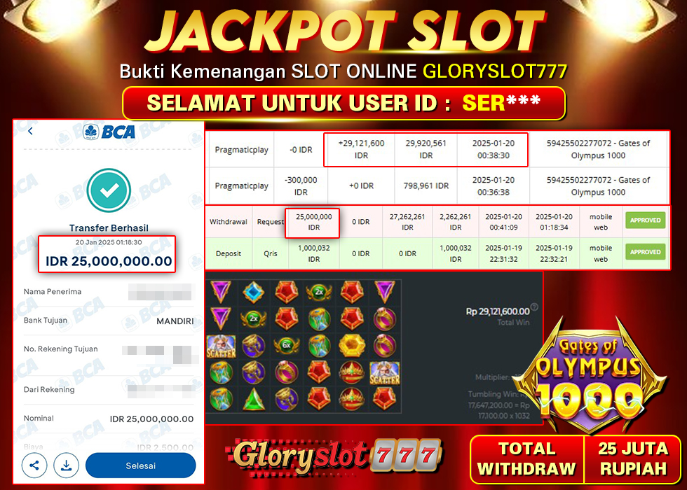 GLORYSLOT777 JACKPOT SLOT GATE OF OLYMPUS 1000 Rp 25.000.000,- LUNAS