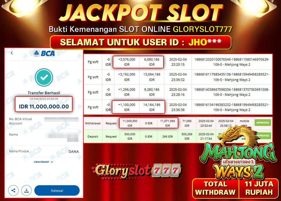 GLORYSLOT777 JACKPOT SLOT MAHJONG WAYS 2 Rp 11.000.000,- LUNAS