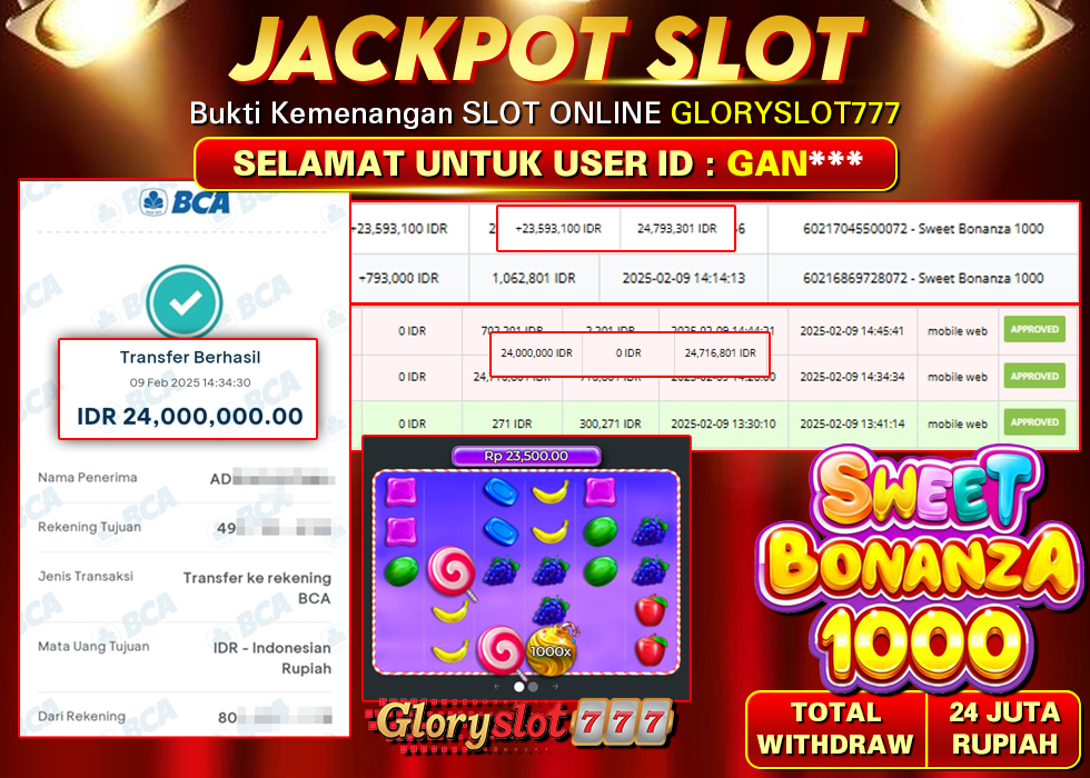 GLORYSLOT777 JACKPOT SLOT SWEET BONANZA 1000 Rp 24.000.000,- LUNAS