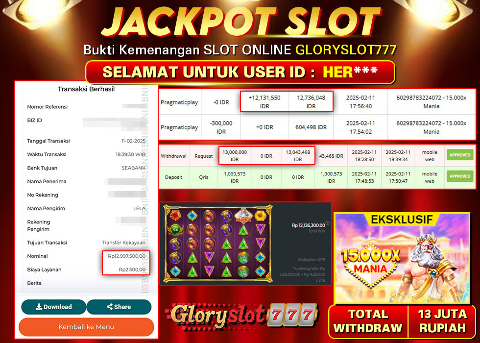 GLORYSLOT777 JACKPOT SLOT 15.000X MANIA Rp 13.000.000,- LUNAS