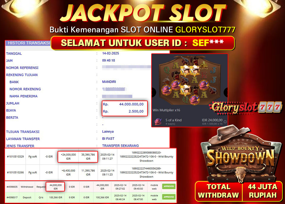 GLORYSLOT777 JACKPOT SLOT WILD BOUNTY SHOWDOWN Rp 44.000.000,- LUNAS