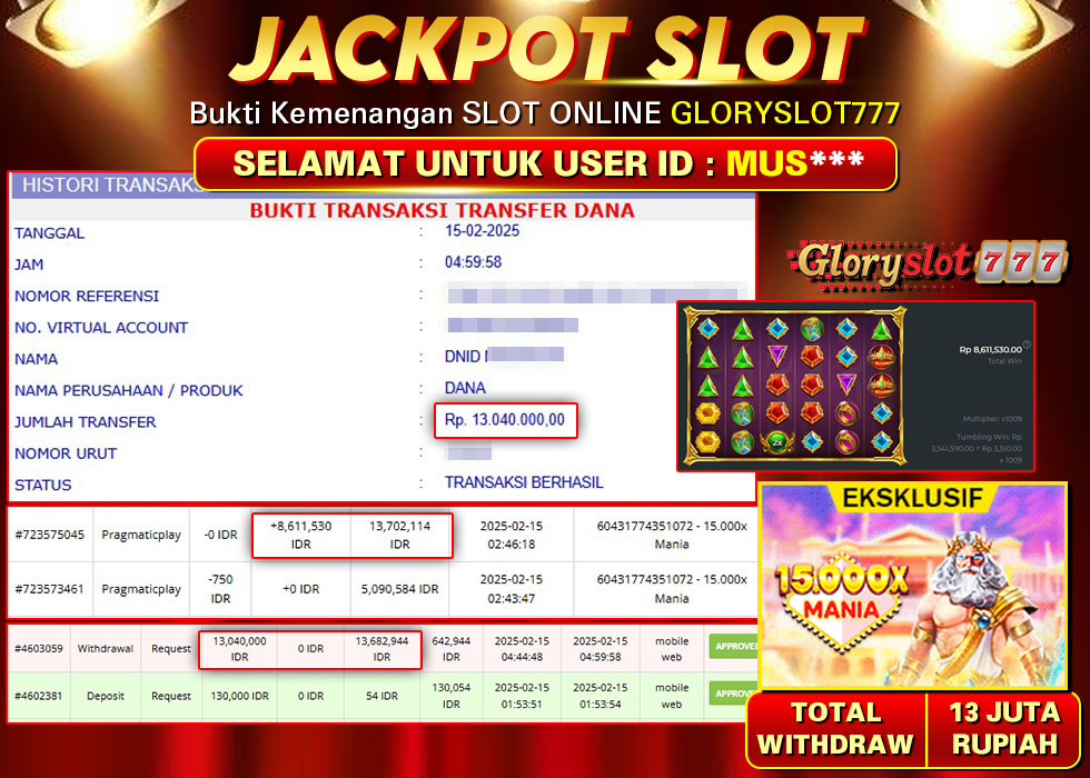 GLORYSLOT777 JACKPOT SLOT 15.000X MANIA Rp 13.040.000,- LUNAS