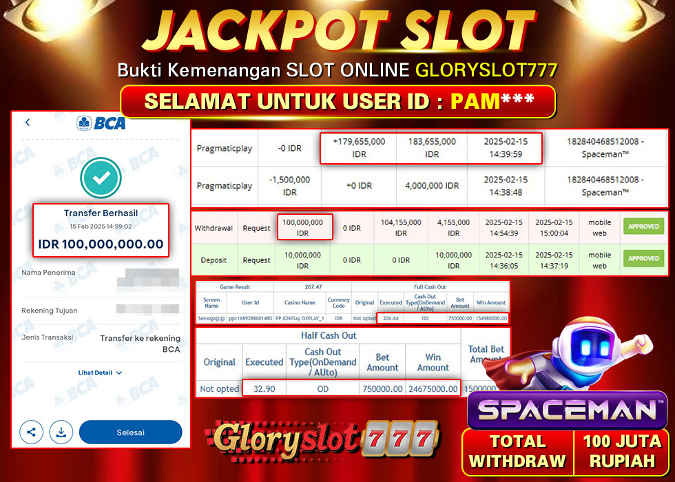 GLORYSLOT777 JACKPOT SLOT SPACEMAN Rp 100.000.000,- LUNAS