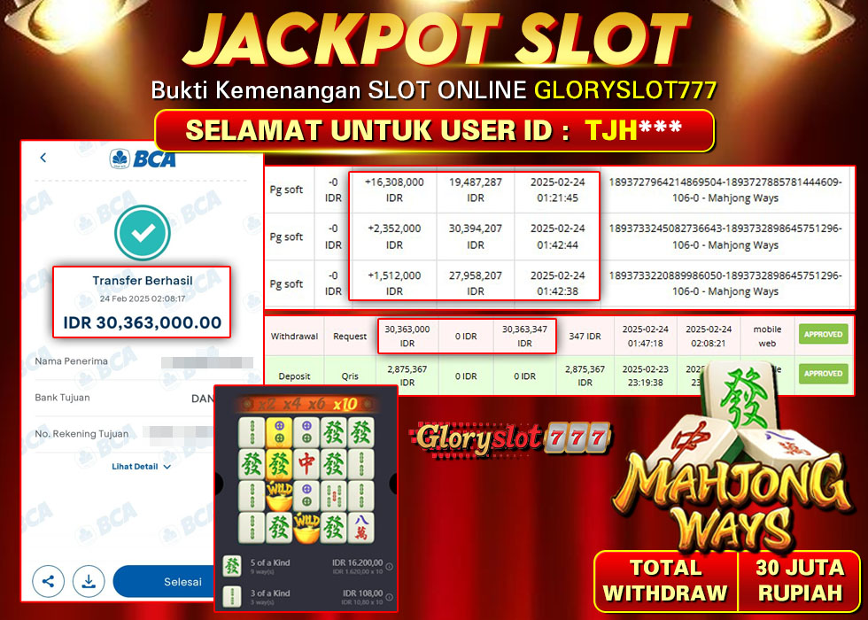 GLORYSLOT777 JACKPOT SLOT MAHJONG WAYS Rp 30.363.000,- LUNAS