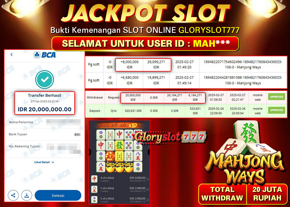 GLORYSLOT777 JACKPOT SLOT MAHJONG WAYS Rp 20.000.000,- LUNAS