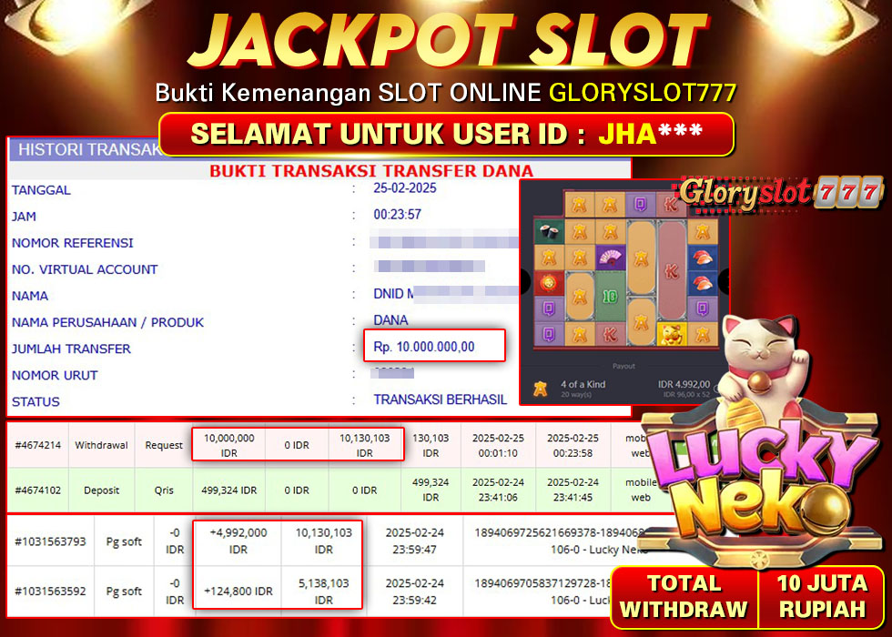 GLORYSLOT777 JACKPOT SLOT LUCKY NEKO Rp 10.000.000,- LUNAS