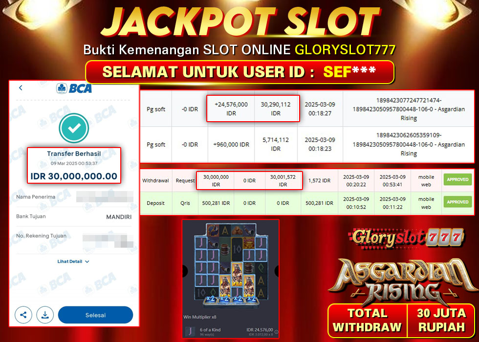 GLORYSLOT777 JACKPOT SLOT ASGARDIAN RISING Rp 30.000.000,- LUNAS