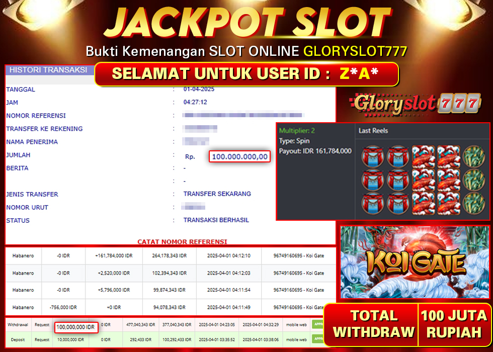GLORYSLOT777 JACKPOT KOI GATE Rp 100.000.000,-  LUNAS