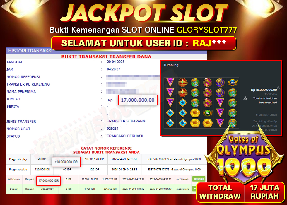 GLORYSLOT777 JACKPOT SLOT GATES OF OLYMPUS 1000 Rp 17.000.000,- LUNAS