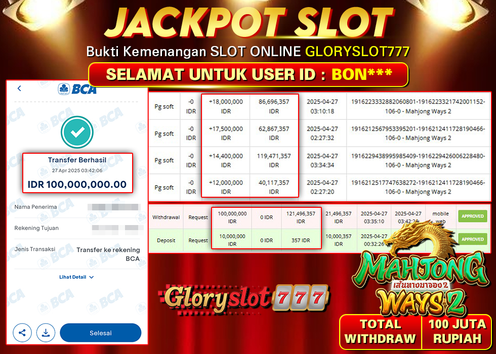 GLORYSLOT777 JACKPOT SLOT MAHJONG WAYS 2 Rp 100.000.000,- LUNAS