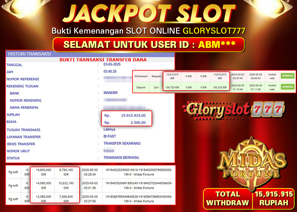GLORYSLOT777 JACKPOT SLOT MIDAS FORTUNE Rp 15.915.915,- LUNAS
