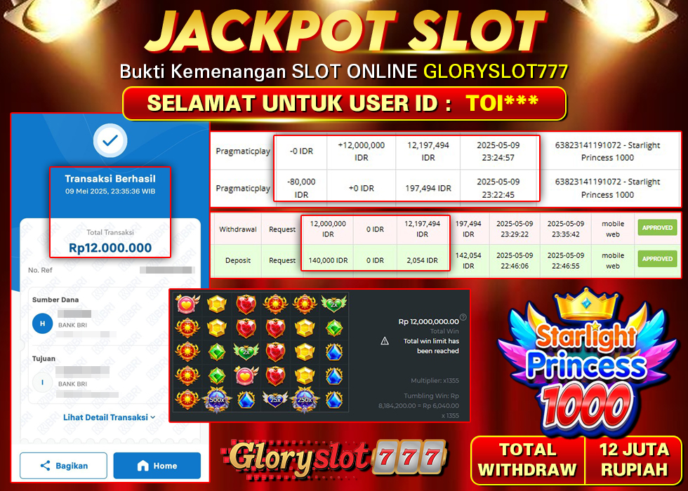 GLORYSLOT777 JACKPOT SLOT STARLIGHT PRINCESS 1000 Rp 12.000.000,- LUNAS