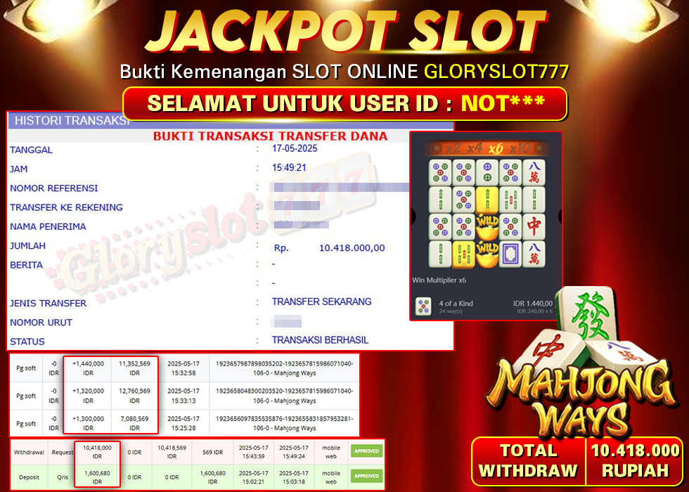 GLORYSLOT777 JACKPOT SLOT MAHJONG WAYS Rp 10.418.000,-  LUNAS
