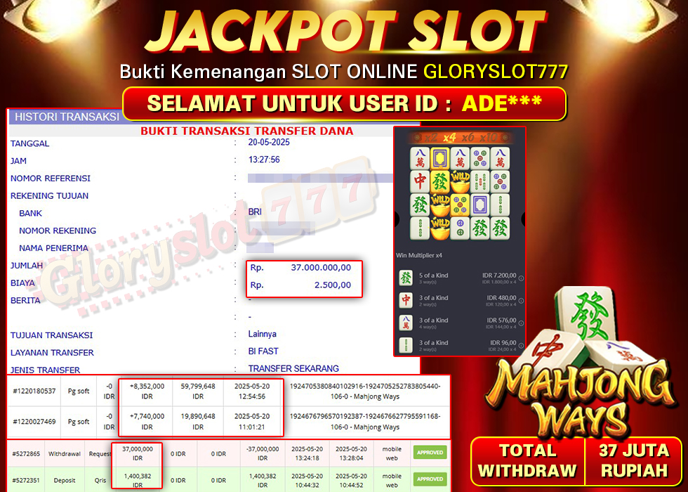 GLORYSLOT777 JACKPOT SLOT MAHJONG WAYS Rp 37.000.000,-  LUNAS