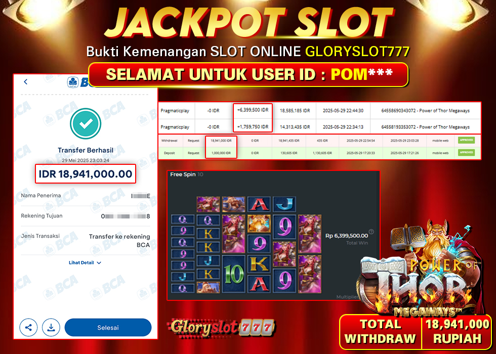 GLORYSLOT777 JACKPOT SLOT POWER OF THOR MEGAWAYS Rp 18.941.000,-  LUNAS