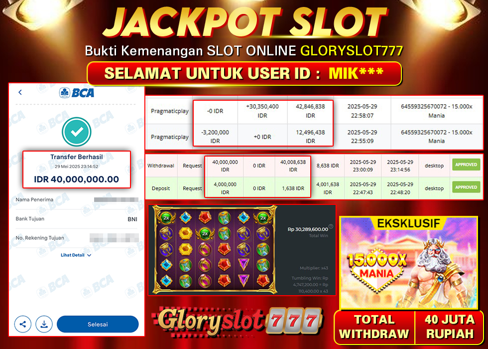 GLORYSLOT777 JACKPOT SLOT 15.000X MANIA Rp 40.000.000,-  LUNAS