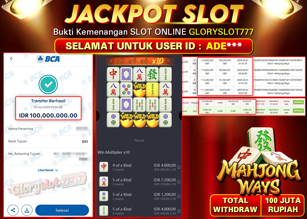 GLORYSLOT777 JACKPOT SLOT MAHJONG WAYS Rp 100.000.000,-  LUNAS