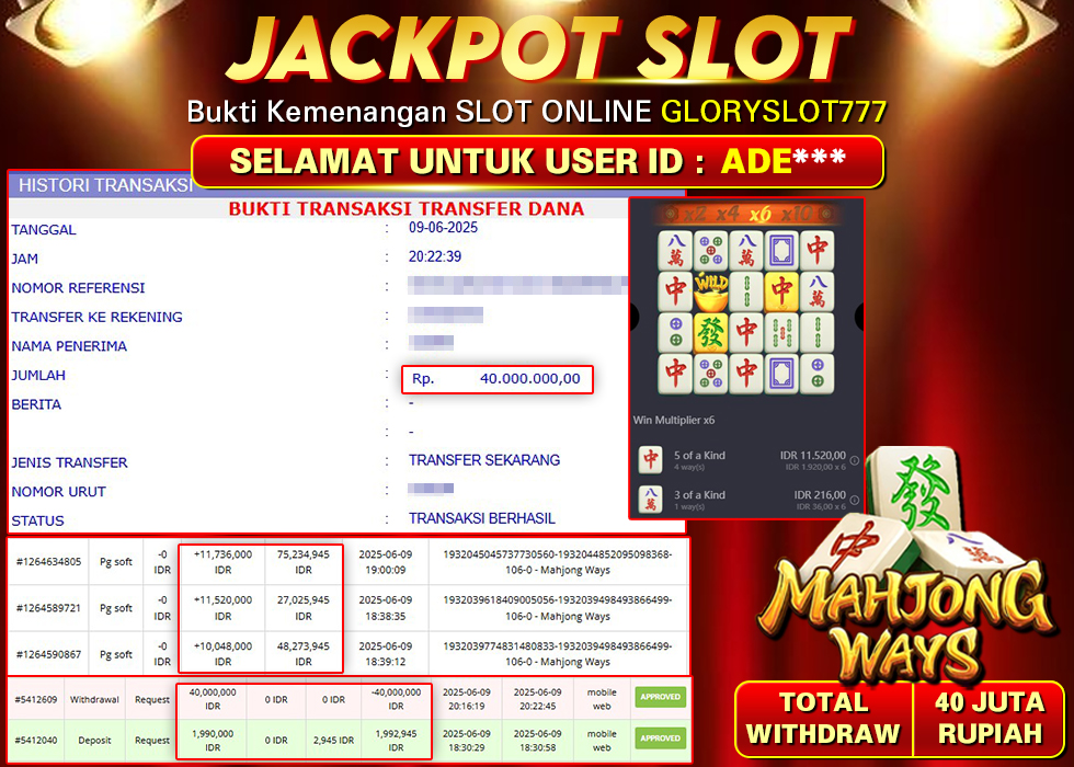 GLORYSLOT777 JACKPOT SLOT MAHJONG WAYS Rp 40.000.000,- LUNAS