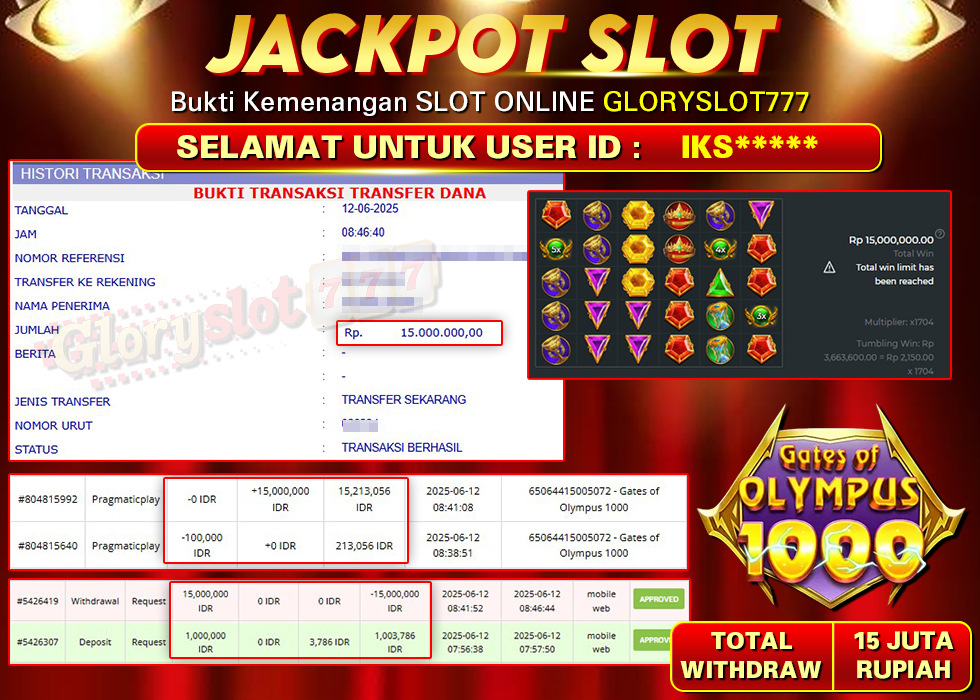 GLORYSLOT777 JACKPOT SLOT GATES OF OLYMPUS 1000 Rp 15.000.000,-  LUNAS