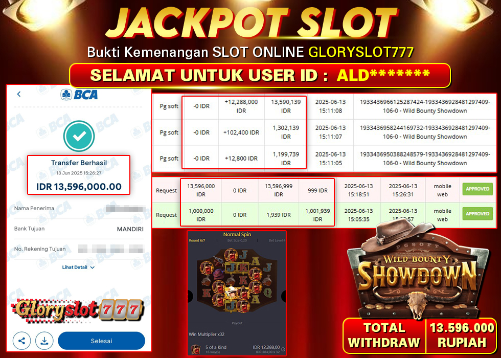 GLORYSLOT777 JACKPOT SLOT WILD BOUNTY SHOWDOWN Rp 13.596.000,-  LUNAS