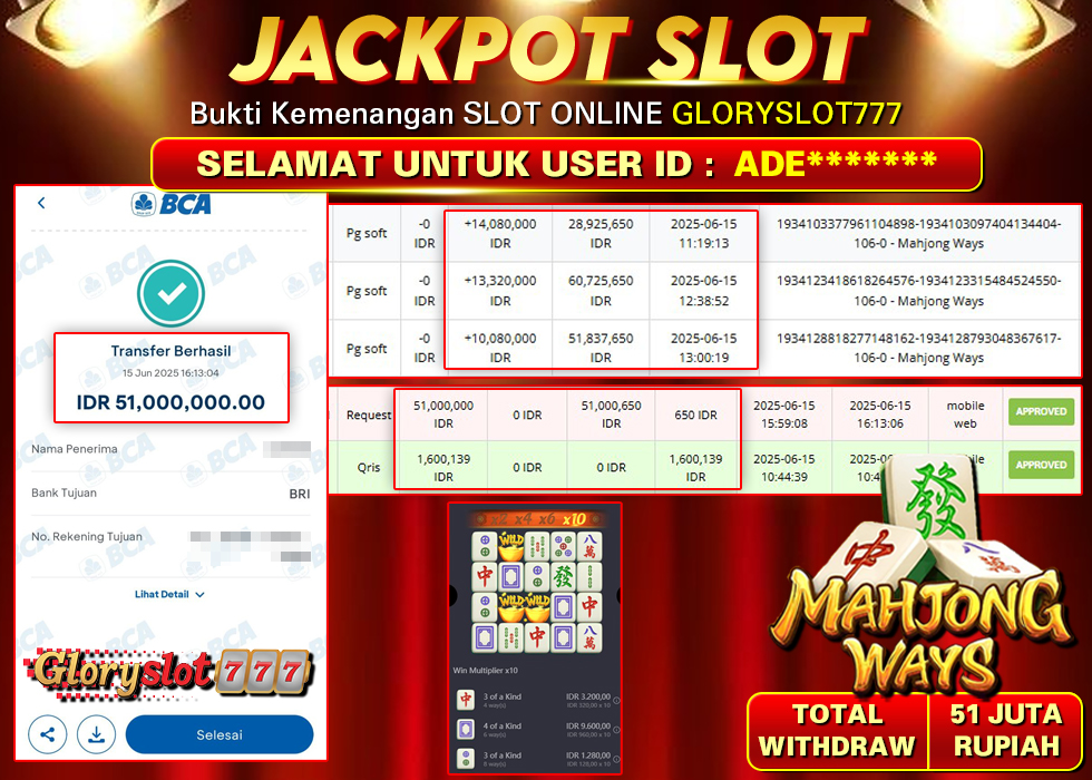 GLORYSLOT777 JACKPOT SLOT MAHJONG WAYS Rp 51.000.000,-  LUNAS