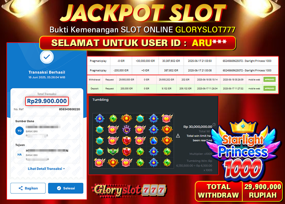 GLORYSLOT777 JACKPOT SLOT STARLIGHT PRINCESS 1000 Rp 29.900.000,- LUNAS