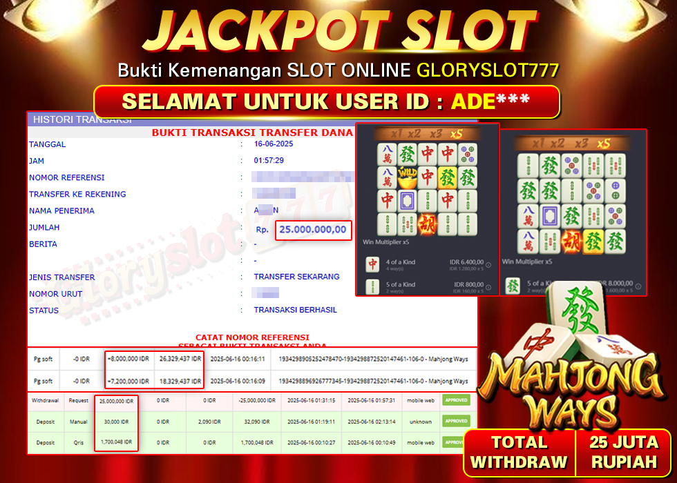 GLORYSLOT777 JACKPOT SLOT MAHJONG WAYS Rp 25.000.000,- LUNAS