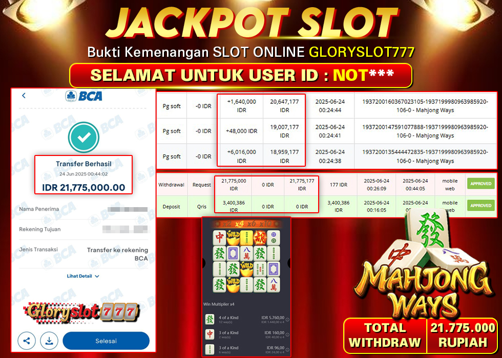 GLORYSLOT777 JACKPOT SLOT MAHJONG WAYS Rp 21.775.000,- LUNAS