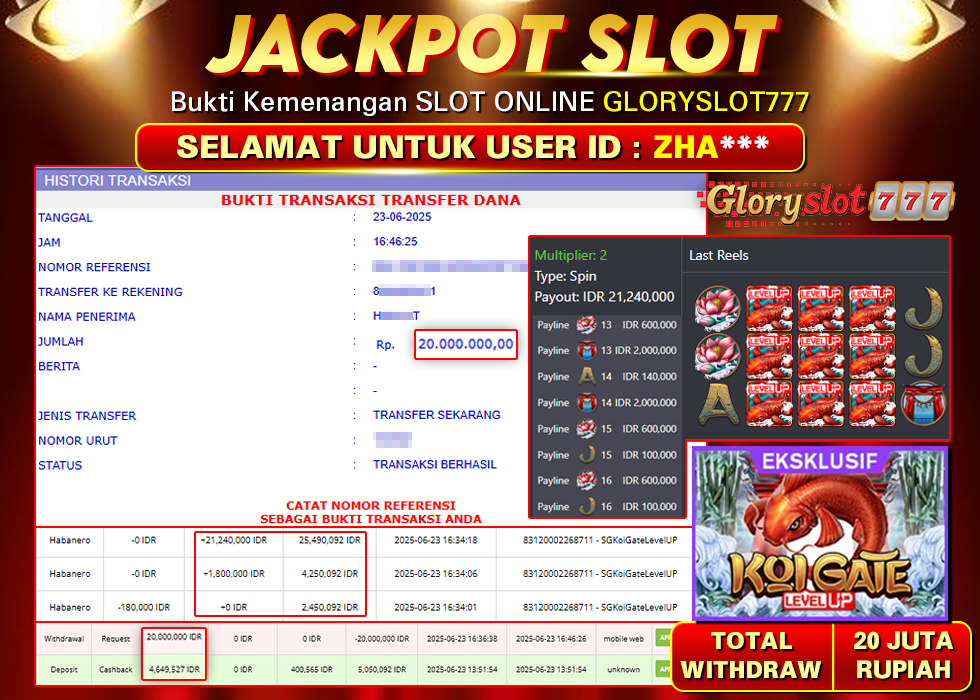 GLORYSLOT777 JACKPOT SLOT KOI GATE LEVEL UP Rp 20.000.000,-  LUNAS