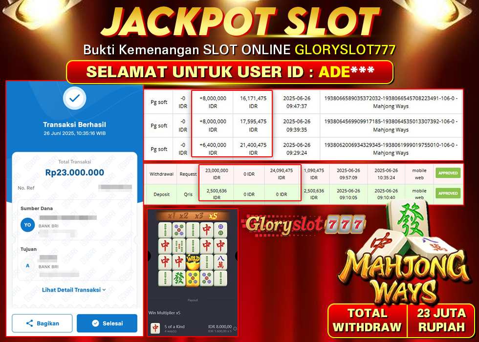GLORYSLOT777 JACKPOT SLOT MAHJONG WAYS Rp 23.000.000,- LUNAS