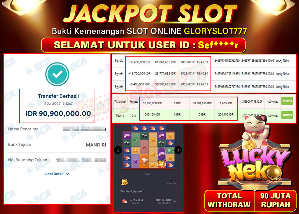 GLORYSLOT777 JACKPOT SLOT LUCKY NEKO Rp 90.900.000,- LUNAS
