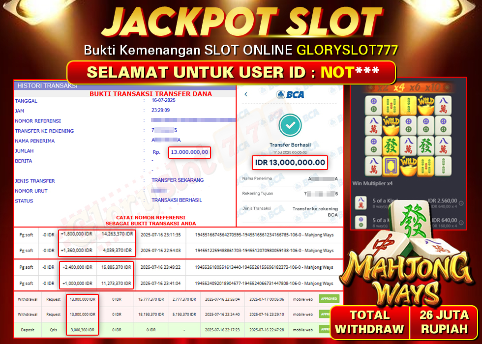 GLORYSLOT777 JACKPOT SLOT MAHJONG WAYS Rp 26.000.000,- LUNAS