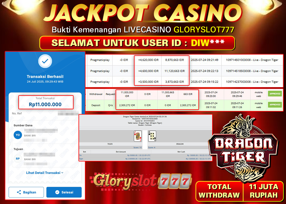 GLORYSLOT777 JACKPOT LIVECASINO DRAGON TIGER Rp 11.000.000,- LUNAS