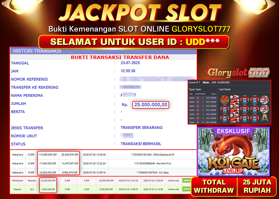 GLORYSLOT777 JACKPOT SLOT KOI GATE LEVEL UP Rp 25.000.000,-  LUNAS