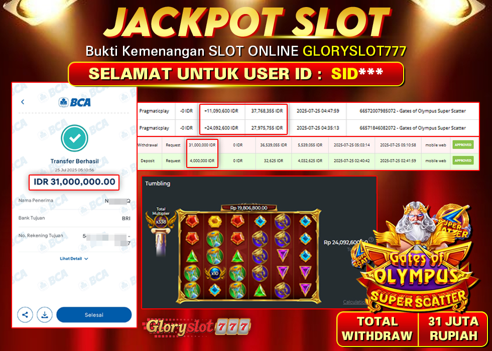 GLORYSLOT777 JACKPOT SLOT GATES OF OLYMPUS SUPER SCATTER Rp 31.000.000,- LUNAS