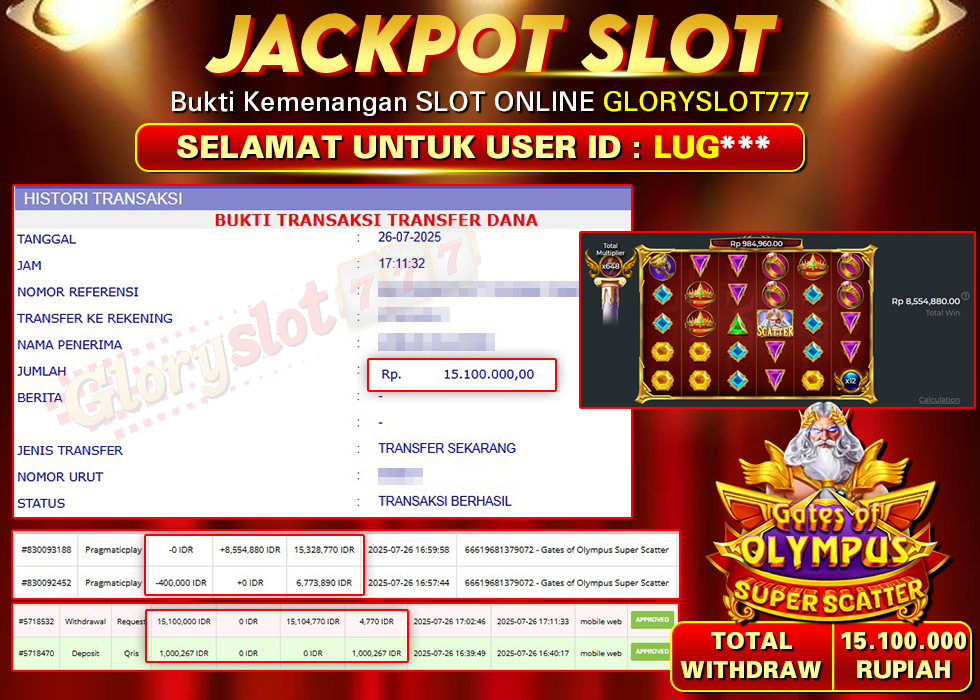 GLORYSLOT777 JACKPOT SLOT GATES OF OLYMPUS SUPER SCATTER Rp 15.100.000,- LUNAS