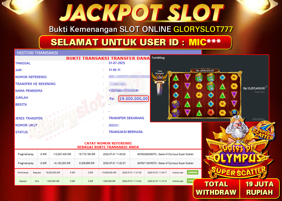 GLORYSLOT777 JACKPOT SLOT GATES OF OLYMPUS SUPER SCATTER Rp 19.000.000,- LUNAS