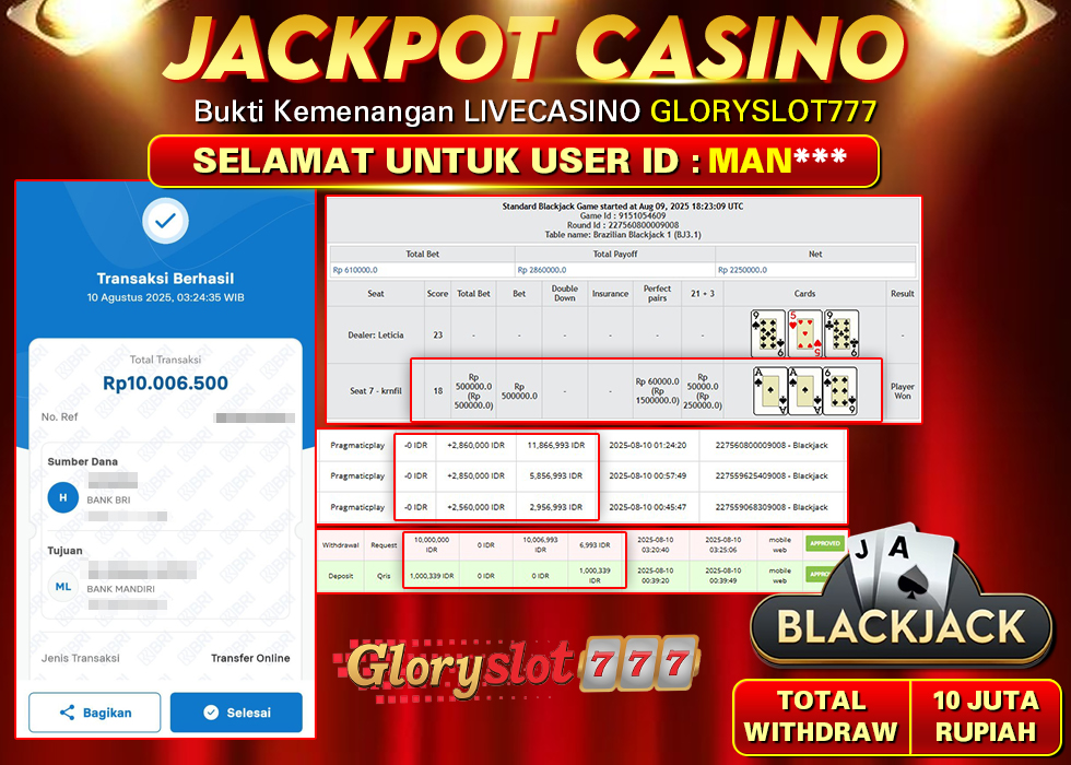 GLORYSLOT777 JACKPOT LIVECASINO BLACKJACK Rp 10.000.000,- LUNAS