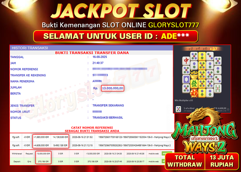 GLORYSLOT777 JACKPOT SLOT MAHJONG WAYS 2 Rp 13.000.000,- LUNAS