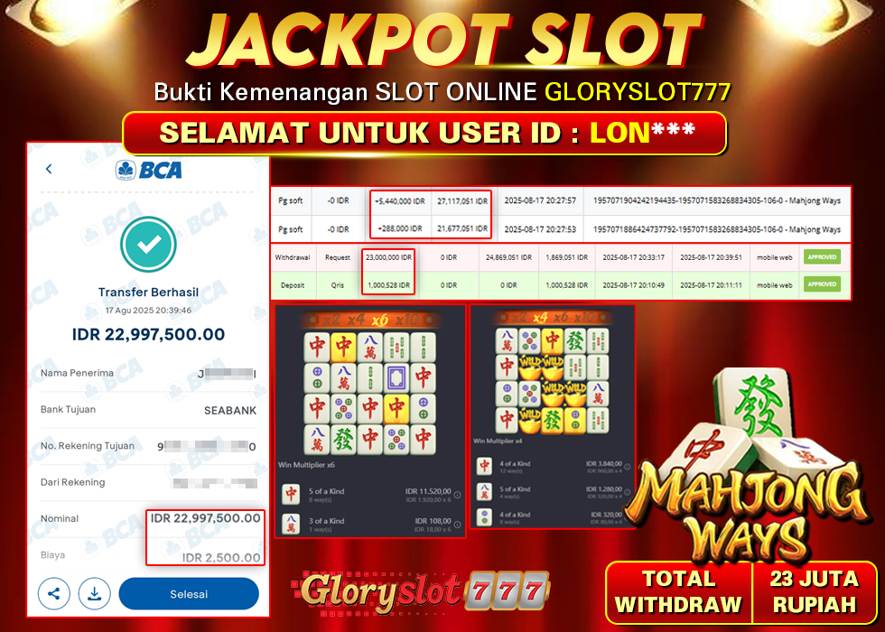 GLORYSLOT777 JACKPOT SLOT MAHJONG WAYS Rp 23.000.000,- LUNAS