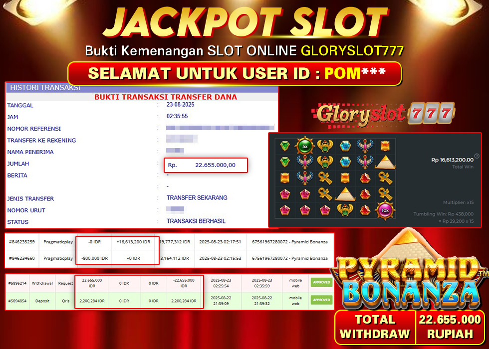 GLORYSLOT777 JACKPOT SLOT PYRAMID BONANZA Rp 22.655.000,- LUNAS