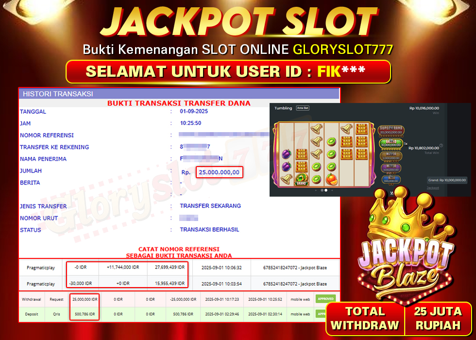 GLORYSLOT777 JACKPOT SLOT JACKPOT BLAZE Rp 25.000.000,- LUNAS