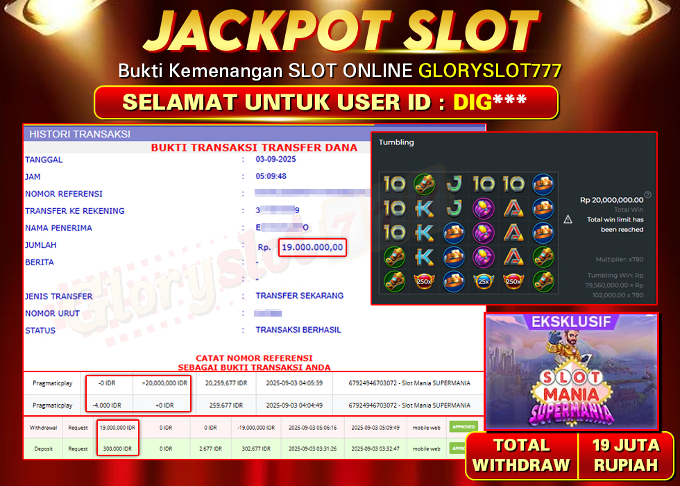 GLORYSLOT777 JACKPOT SLOT MANIA SUPERMANIA Rp 19.000.000.,- LUNAS