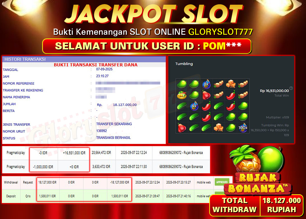 GLORYSLOT777 JACKPOT SLOT RUJAK BONANZA Rp 18.127.000,- LUNAS