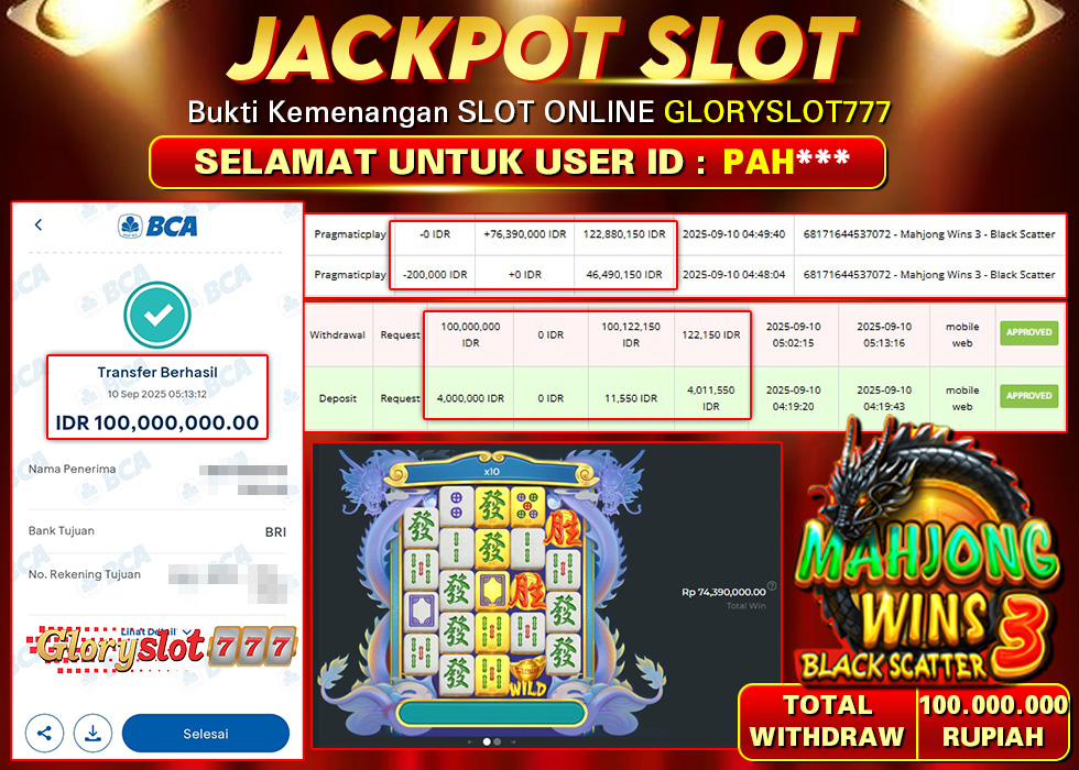 GLORYSLOT777 JACKPOT SLOT MAHJONG WINS BLACK SCATTER 3 Rp 100.000.000,- LUNAS
