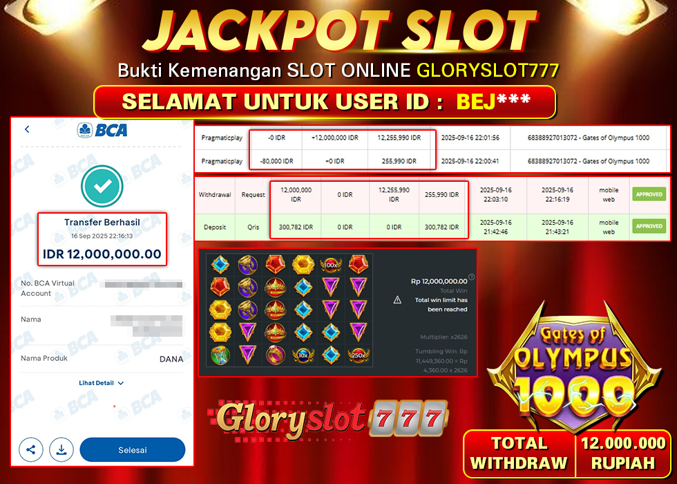 GLORYSLOT777 JACKPOT SLOT GATES OF OLYMPUS 1000 Rp 12.000.000.,- LUNAS