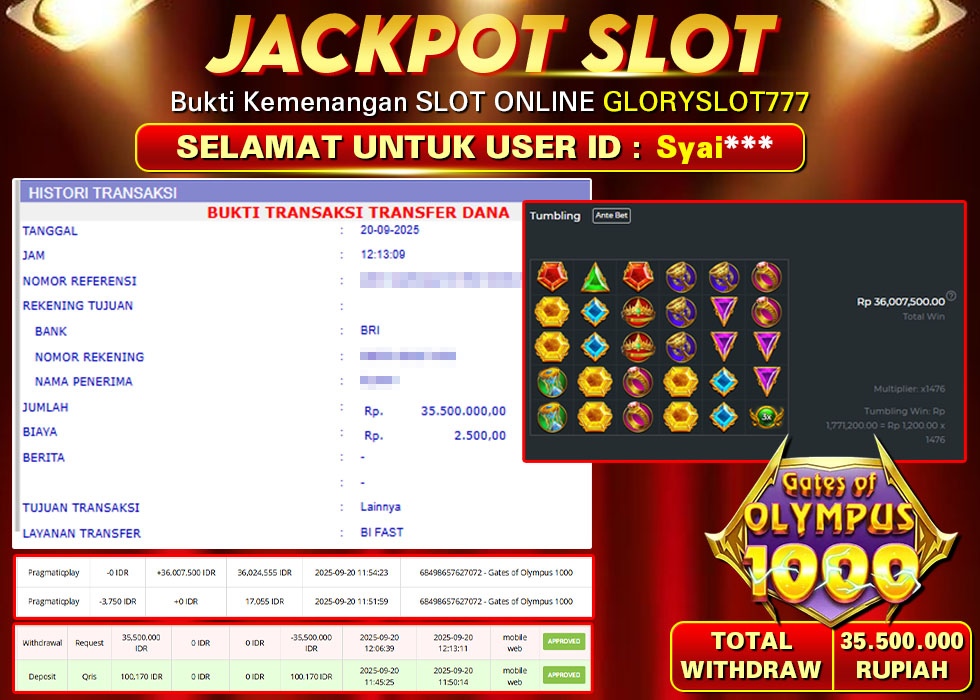 GLORYSLOT777 JACKPOT SLOT GATES OF OLYMPUS 1000 Rp 35.500.000.,- LUNAS
