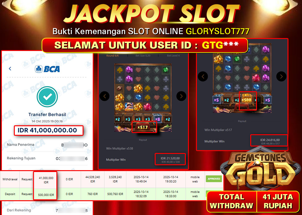 GLORYSLOT777 JACKPOT SLOT GEMSTONES GOLD Rp 41.000.000.,- LUNAS